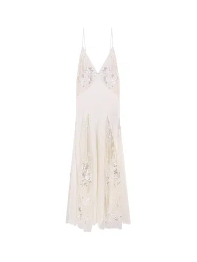 Elisabetta Franchi Red Carpet Dress In Silk Georgette Fabric And Embroidered Lace In White