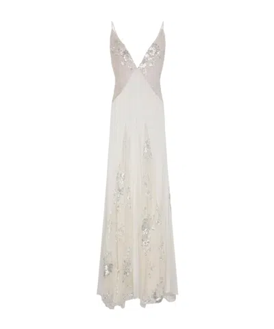Elisabetta Franchi Red Carpet Dress In Silk Georgette Fabric And Embroidered Lace In White