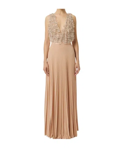 Elisabetta Franchi Red Carpet Dress In Tulle And Jersey Fabrics With Crystals In Brown