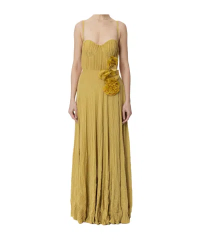 Elisabetta Franchi Red Carpet Dress Made Of Lurex Jersey Fabric With Embroidered Flower In Curry Color