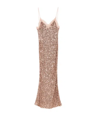 Elisabetta Franchi Red Carpet Dress Made Of Sequins And Lace In Pink