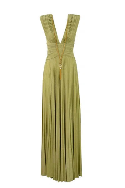 Elisabetta Franchi Red Carpet Dress With Lurex Jersey Necklace In Pistacchio