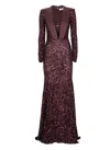 Elisabetta Franchi Sequins V-neck Floor-length Dress With Long Sleeves In Brown