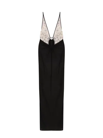 Elisabetta Franchi Red Carpet Embroidery Long Dress With Voile Inserts And Flowers Detail In Black