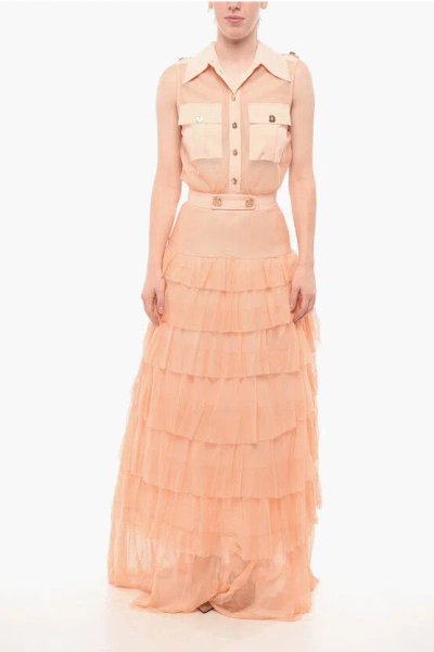 Elisabetta Franchi Red Carpet Flounced Shirt Dress With Breast-pockets In Pink