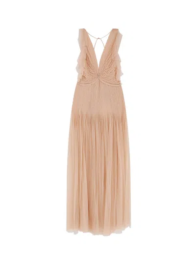Elisabetta Franchi Red Carpet Long Dress With Rhinestones Detail In Neutral