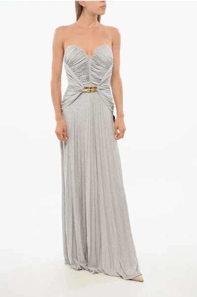 Elisabetta Franchi Red Carpet Lurex Maxidress With Mesh Inserts In Gray