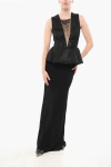 Elisabetta Franchi Red Carpet Peplo Dress With See Through Insert And Beads In Black