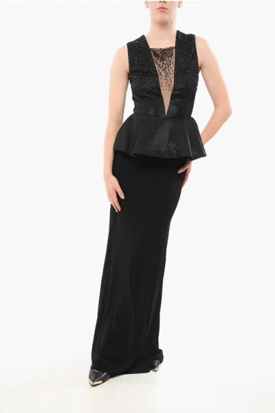 Elisabetta Franchi Red Carpet Peplo Dress With See Through Insert And Beads In Black