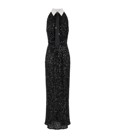 Elisabetta Franchi Red Carpet Sequin Dress With Tie In Black
