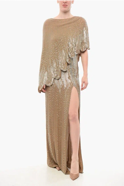Elisabetta Franchi Red Carpet Sequined Maxidress With Cape Design In Gray