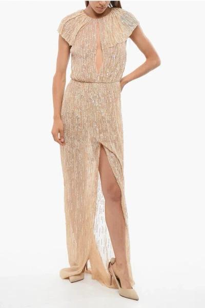 Elisabetta Franchi Red Carpet Sequined Maxidress With Cape Design In Neutral