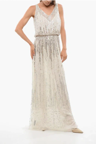 Elisabetta Franchi Red Carpet Sequined Tulle Maxidress In Gold