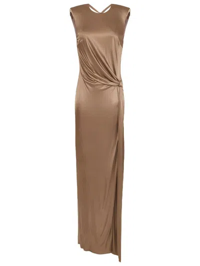 Elisabetta Franchi Red Carpet Shiny Viscose Jersey Long Dress With Side Slit Clothing In Brown