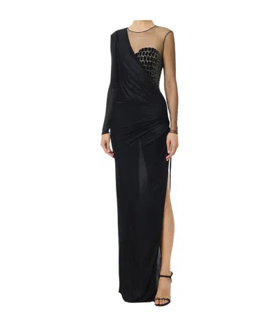 Elisabetta Franchi Red Carpet Tulle And Jersey Dress With Crocodile-effect Embroideries In Black