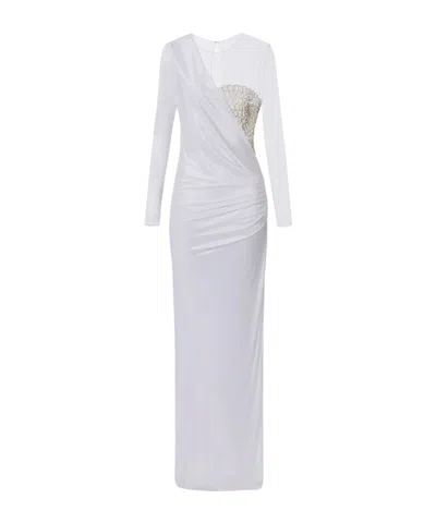 Elisabetta Franchi Red Carpet Tulle And Jersey Dress With Crocodile-effect Embroideries In White