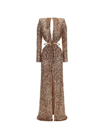 Elisabetta Franchi Sequin Long Sleeve Gown Belted Open Back In Multi