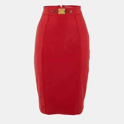 Pre-owned Elisabetta Franchi Red Crepe Bbuckle Detail Pencil Skirt M