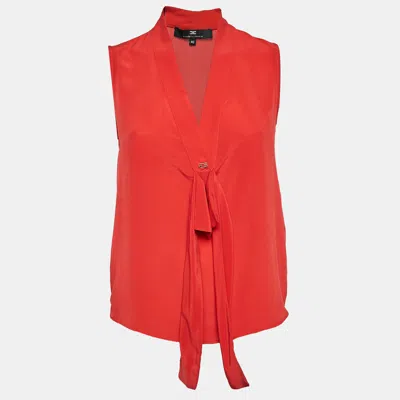 Pre-owned Elisabetta Franchi Red Crepe V-neck Bow Detail Top M