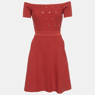 Pre-owned Elisabetta Franchi Red Logo Embellished Knit Mini Dress S