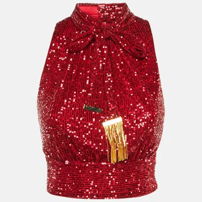 Pre-owned Elisabetta Franchi Red Sequin Halter Neck Scarf Detail Crop Top M