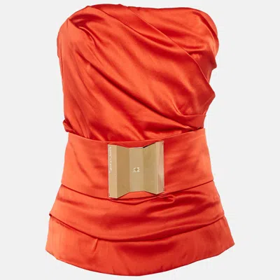 Pre-owned Elisabetta Franchi Red Silk Pleated Strapless Top M