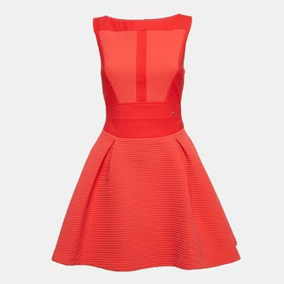 Pre-owned Elisabetta Franchi Red Stripe Textured Neoprene Pleated Mini Dress M