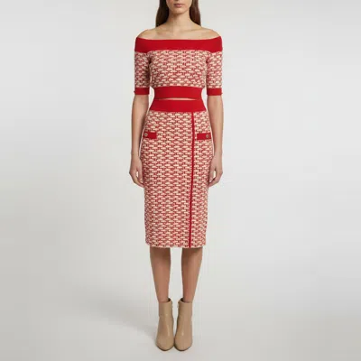 Pre-owned Elisabetta Franchi Red/cream Monogram Jacquard Knit Midi Skirt And Crop Top Set S