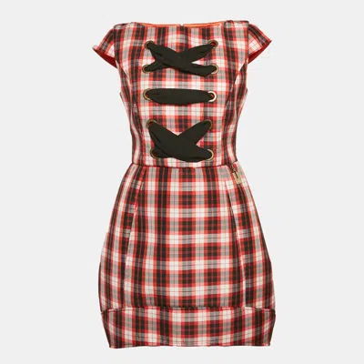 Pre-owned Elisabetta Franchi Red/multicolor Plaid Print Synthetic Lace-up Detail Mini Dress M