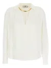 Elisabetta Franchi Pleated Shoulder Long Sleeve Shirt With Gold Hardware In White