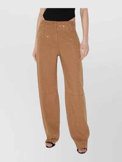 Elisabetta Franchi Rhinestone Embellished Asymmetric Straight-leg Denim Trousers In Brown