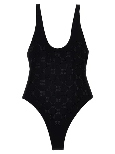 Elisabetta Franchi Rhinestone Logo One-piece Swimsuit In Negro
