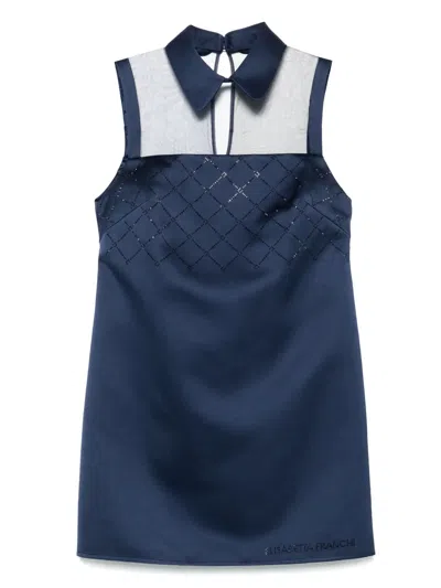 Elisabetta Franchi Rhinestones Satin Mini Dress In Blue