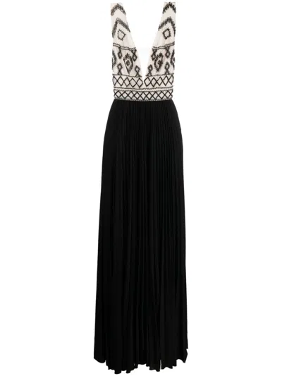 Elisabetta Franchi Rhombus-embroidered V-neck Gown In Burro/nero