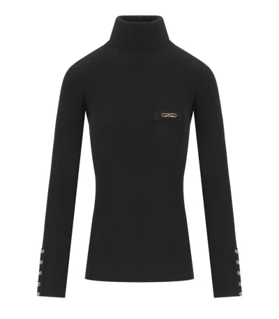 Elisabetta Franchi Ribbed Black Turtleneck Sweater With Gold Accents