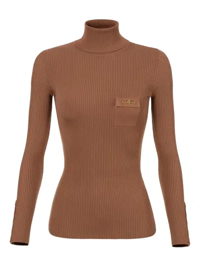 Elisabetta Franchi Ribbed Breast-pocket Sweater In Brown