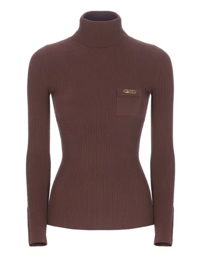 ELISABETTA FRANCHI RIBBED BURGUNDY SWEATER WITH LOGO DETAIL
