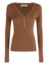 Elisabetta Franchi V-neck Tricot Sweater With Gold Accents And Pocket Detail In Brown
