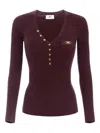 Elisabetta Franchi Burgundy Ribbed Sweater With Pocket In Brown