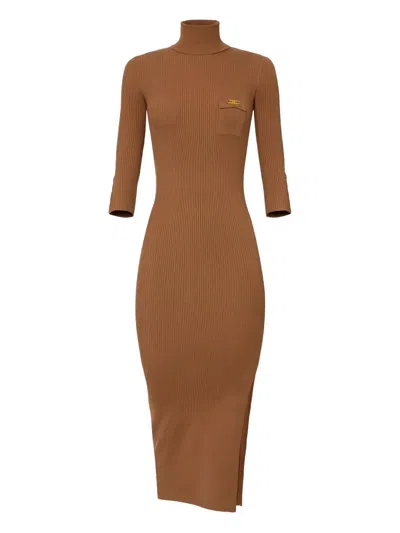 Elisabetta Franchi Ribbed Chest-pocket Midi Dress In Brown