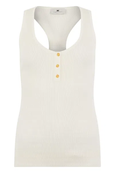 Elisabetta Franchi Ribbed Deep V-neck Button Tank Top In White