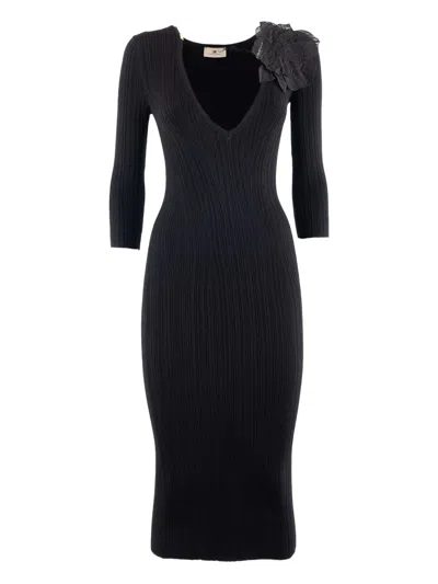 Elisabetta Franchi Ribbed Longuette Dress With Embroidered Floral Detail In Blue