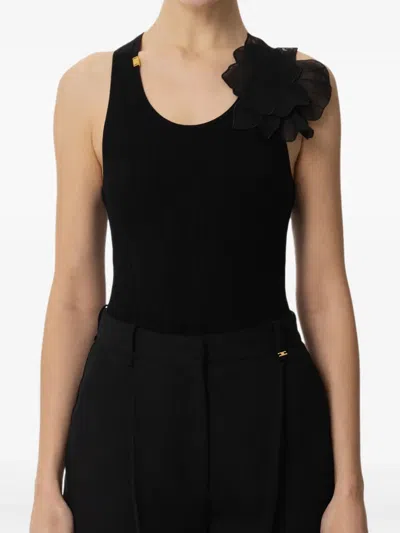 Elisabetta Franchi Ribbed Flower-embellished Top In Black