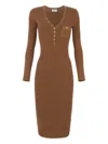 Elisabetta Franchi Ribbed Gold-tone Button Midi Dress In Brown