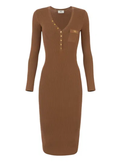 Elisabetta Franchi Ribbed Gold-tone Button Midi Dress In Brown