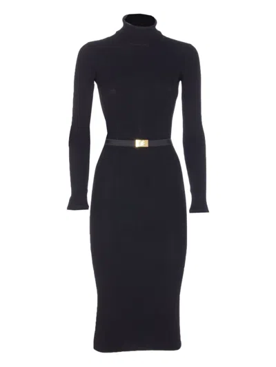 ELISABETTA FRANCHI RIBBED HIGH-NECK BELTED MIDI DRESS
