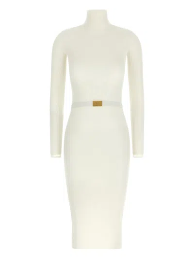 Elisabetta Franchi Ribbed High-neck Belted Midi Dress In White