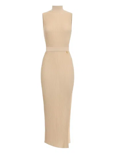 Elisabetta Franchi Ribbed High-neck Maxi Dress In Neutral