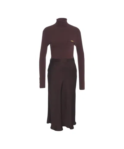 Elisabetta Franchi Ribbed High-neck Midi Dress In Brown