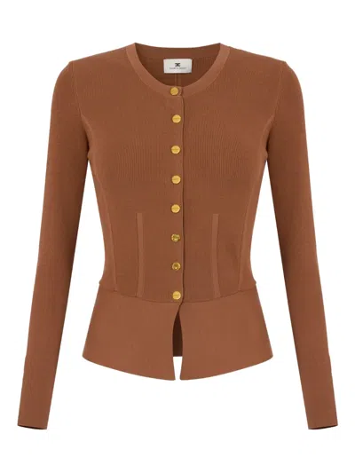 Elisabetta Franchi Ribbed Jewel-button Cardigan In Brown